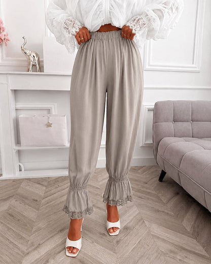 Women's Lace Patchwork Pants Elastic High Waist Hollow Out Ruffle Hem Lantern Trousers Casual Loose Lounge Pants