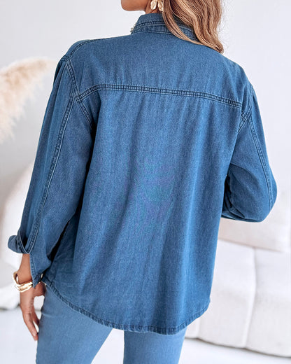 Pearls & Rhinestone Decor Turn-down Collar Button Front Denim Shirt Coat Casual Top