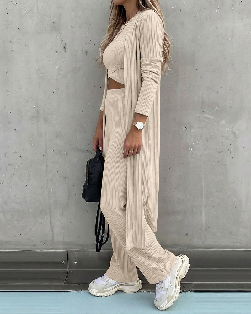 CHICMELIVE Women's 3 Piece Lounge Set Ribbed Cardigan Tank Wide Leg Pant