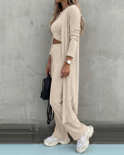 CHICMELIVE Women's 3 Piece Lounge Set Ribbed Cardigan Tank Wide Leg Pant
