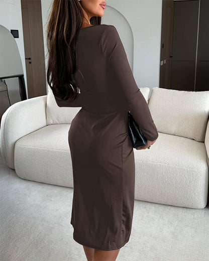 Long Sleeve Ruched Waist Metal Button Decor Bodycon Dress Casual Slit Slim Fit Midi Dress