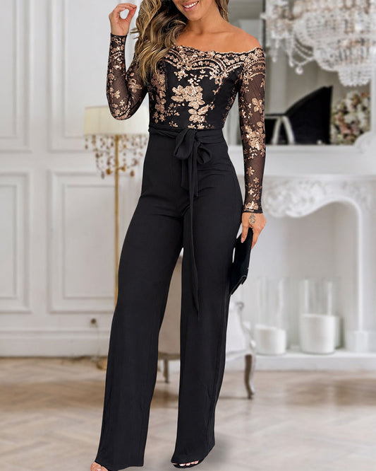 Women's Off Shoulder Gold Sequin Floral Jumpsuit Elegant Mesh Spliced Straight Leg Evening Jumpsuit with Belt