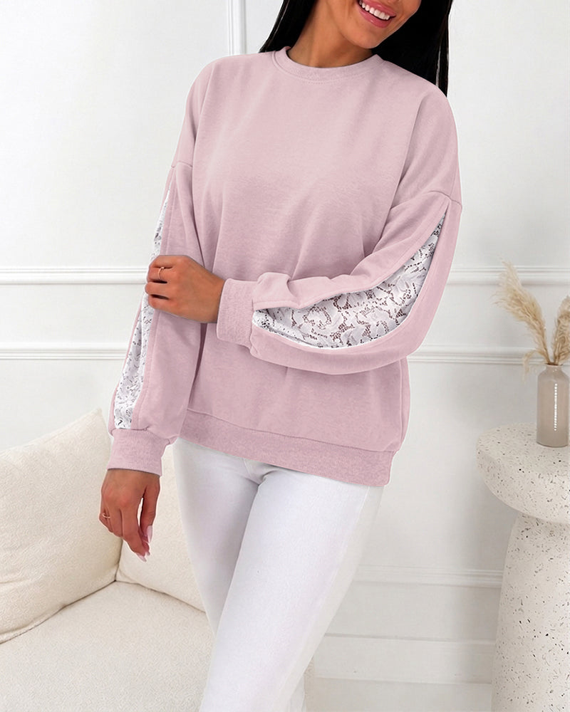 CHICMELIVE Oversized Sweatshirt for Women Lace Sleeve Cutout Fall Pullover