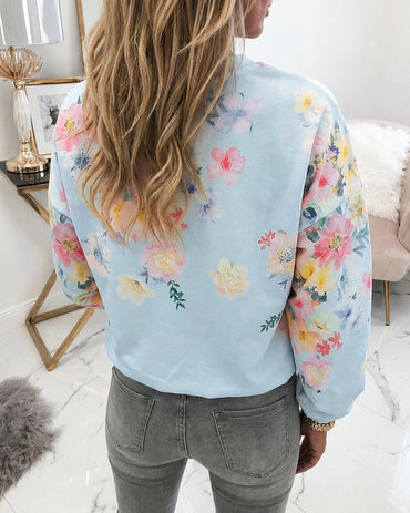 Women's Watercolor Floral Sweatshirt Casual Crewneck Pullover Lantern Sleeve Loose Fit Top