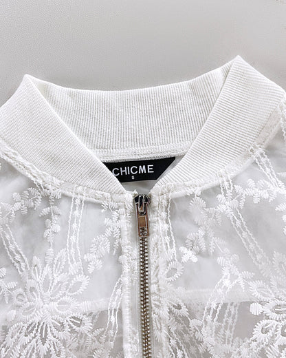 Floral Lace Embroidered Mesh Patchwork High-Low Hem Baseball Coat Casual Side Slit Zip Up Bomber Jacket