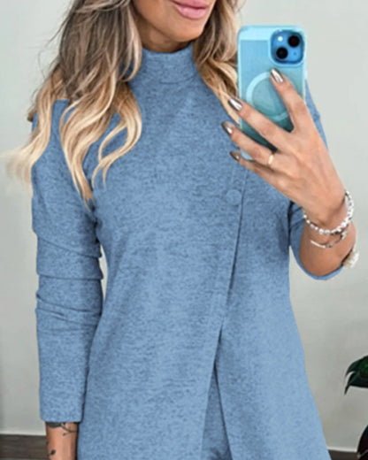 2 Pieces Outfit Mock Neck Long Sleeve Button Decor Slit Mid-Length Top and Stretchy Drawstring High Waist Slim Fit Pants Set