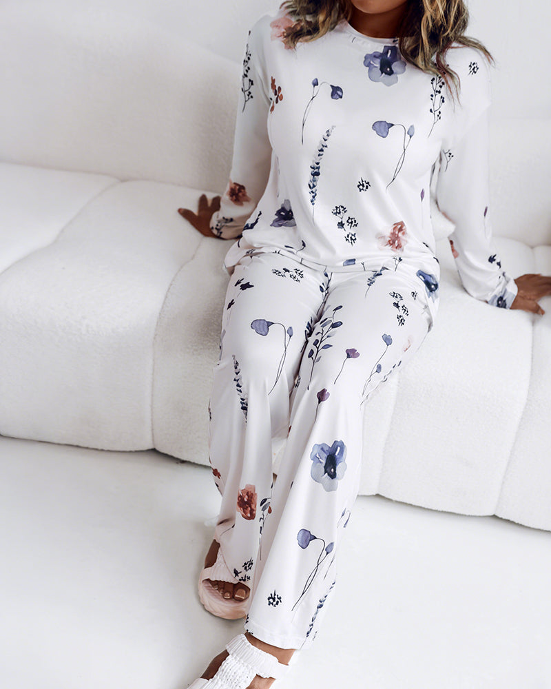 2 Pieces Outfit Floral Print Long Sleeve Drop Shoulder Top and Elastic Waist Pants Sets Casual Pajamas Set