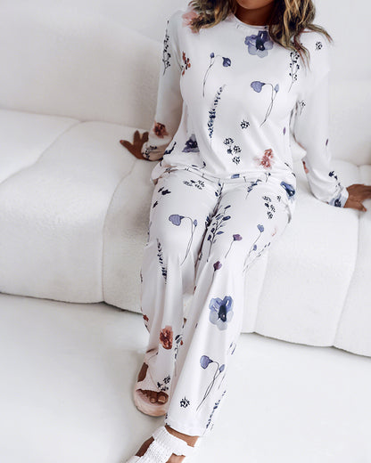 2 Pieces Outfit Floral Print Long Sleeve Drop Shoulder Top and Elastic Waist Pants Sets Casual Pajamas Set