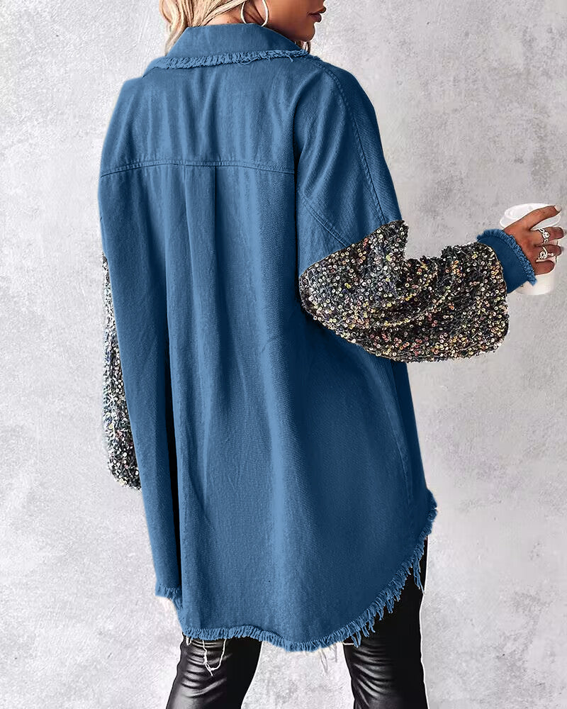 Casual Jacket Sequin Patchwork Long Sleeve Jacket Top Button Front Raw Hem Oversized Denim Shacket