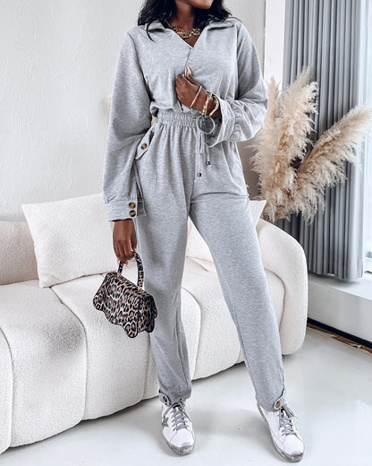 Turn-down Collar Overlap V-Neck Drawstring Stretchy Waist Jumpsuit Casual Flap Pockets Design Jumpsuit