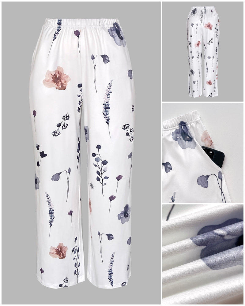 2 Pieces Outfit Floral Print Long Sleeve Drop Shoulder Top and Elastic Waist Pants Sets Casual Pajamas Set