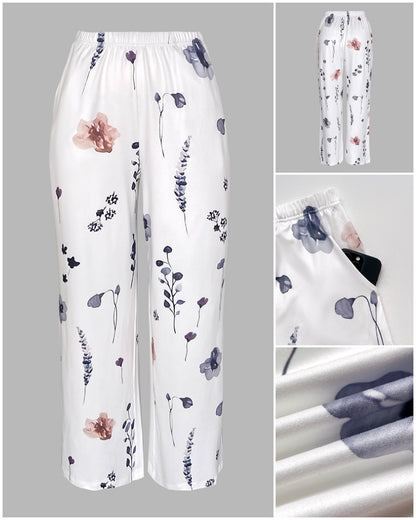 2 Pieces Outfit Floral Print Long Sleeve Drop Shoulder Top and Elastic Waist Pants Sets Casual Pajamas Set