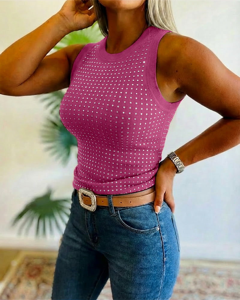 Rhinestone Decor O-neck Sleeveless Tee Slim Fit Ribbed Tank Top