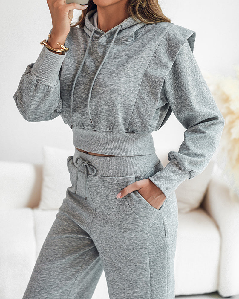 2-teiliges Outfit, langärmliges, kurzes Kapuzenpullover-Sweatshirt mit Kordelzug, Bündchen mit Daumenlöchern und lässigem Jogginghosen-Set mit Kordelzug und elastischer Taille mit weitem Bein 