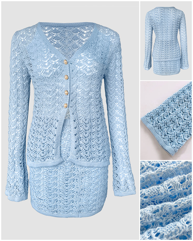 2 Pieces Outfit Deep V-Neck Flare Sleeve Half Pearl Button Front Slit Top and Elastic Waist Skirt Set Casual Slim Fit Knit Set