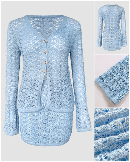 2 Pieces Outfit Deep V-Neck Flare Sleeve Half Pearl Button Front Slit Top and Elastic Waist Skirt Set Casual Slim Fit Knit Set