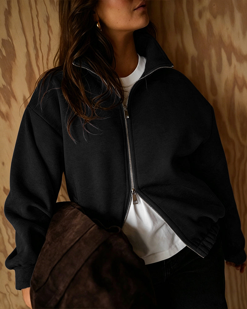 Women's Two-Way Zipper Front Stretchy Hem Coat Stand Collar Drop Shoulder Sweatshirt with Pockets