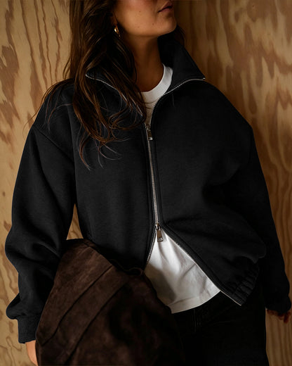 Women's Two-Way Zipper Front Stretchy Hem Coat Stand Collar Drop Shoulder Sweatshirt with Pockets