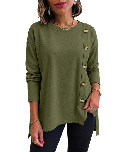 CHICMELIVE Womens Long Sleeve Tops with Buttons Dressy Casual Crewneck Shirts