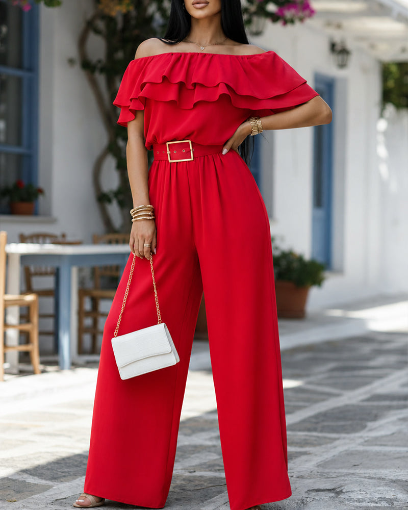 Women's Ruffle Off Shoulder Jumpsuit Casual Wide Leg Overalls with Detachable Clear Straps and Belt