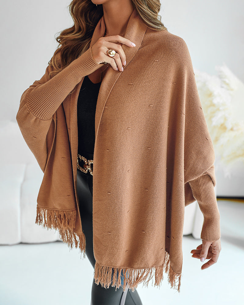 Tassel Design Long Sleeve Slit Cardigan Fashion Versatile Warm Cape Shawl