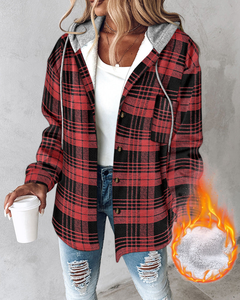 CHICMELIVE Womens Casual Jacket Plaid Hooded Fleece Lined Shacket
