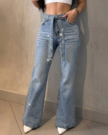 CHICMELIVE High Waisted Wide Leg Jeans for Women Rhinestone Embellished Denim Pants with Matching Sparkle Belt