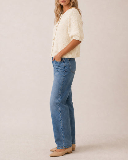 Women's Boucle Knit Cardigan Gold Beaded Puff Sleeve Sweater Crewneck Button Up Elegant Crop Outerwear