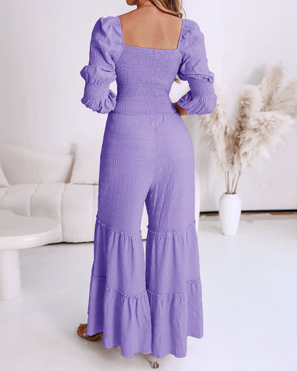 Sweetheart Neck Puff Sleeve Drawstring Front Shirred Overalls Casual Cutout Front Ruffle Hem Wide Leg Jumpsuit