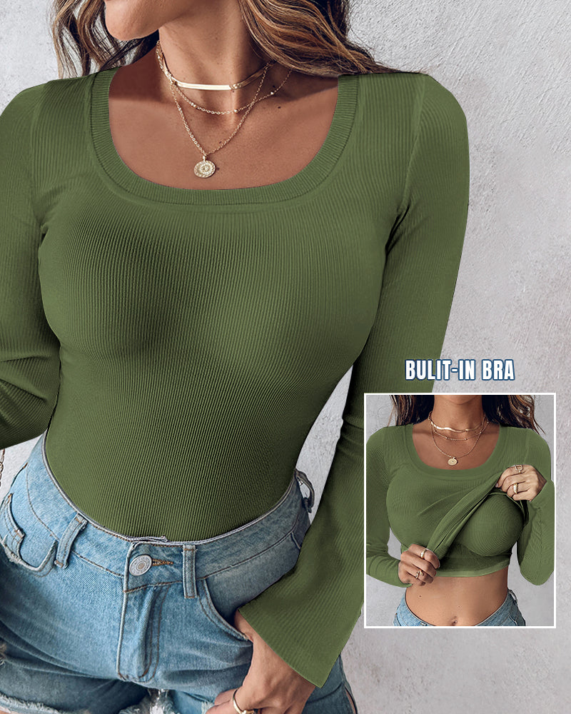 ChicMe Built-in Bra U-Neck Long Sleeve Ribbed Top
