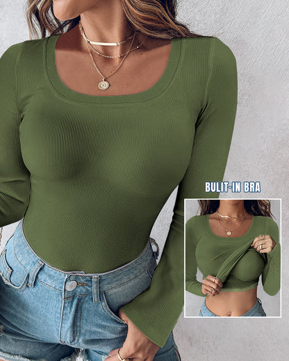 ChicMe Built-in Bra U-Neck Long Sleeve Ribbed Top