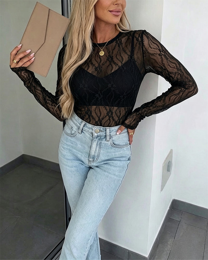 CHICMELIVE Lace Top Sheer Mesh Fitted Shirts for Women with Thumb Holes