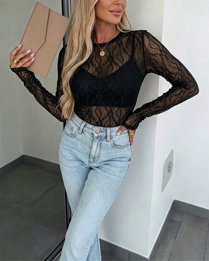 CHICMELIVE Lace Top Sheer Mesh Fitted Shirts for Women with Thumb Holes