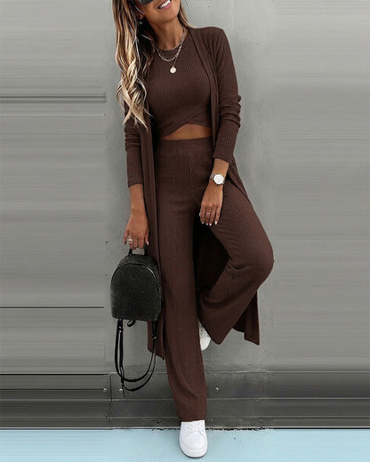 CHICMELIVE Women's 3 Piece Lounge Set Ribbed Cardigan Tank Wide Leg Pant