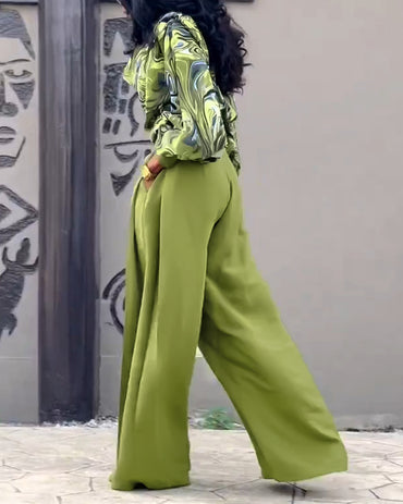 2 Pieces Outfit Abstract Print Cowl Neck Lantern Sleeve Stretchy Hem Crop Top and Casual Zipper Side Ruched Wide Leg Pants Set