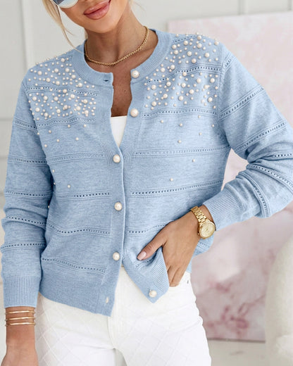 CHICMELIVE Womens Pearl Beaded Knit Cardigan Long Sleeve Cropped Sweater