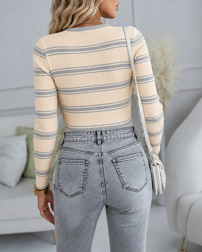 Women's Striped Ribbed Knit Top Slim Fit Long Sleeve Henley Shirt Gold Button Pullover