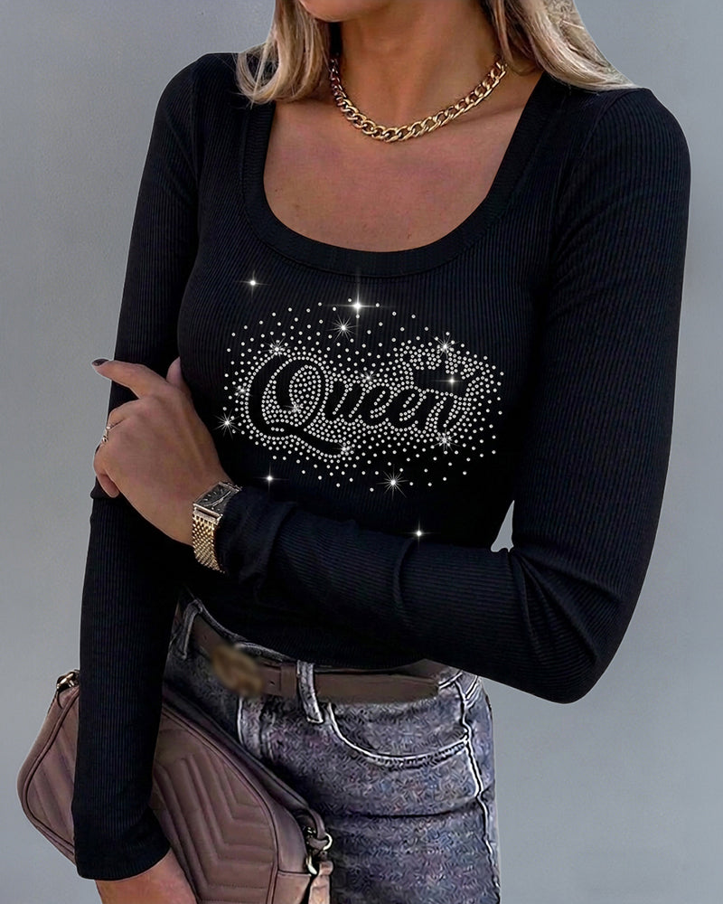 Women's Square Neck Long Sleeve Top Rhinestone Faith Letter Graphic Ribbed Knit Shirt Slim Fit Casual Sparkly Tee