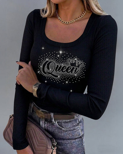 Women's Square Neck Long Sleeve Top Rhinestone Faith Letter Graphic Ribbed Knit Shirt Slim Fit Casual Sparkly Tee