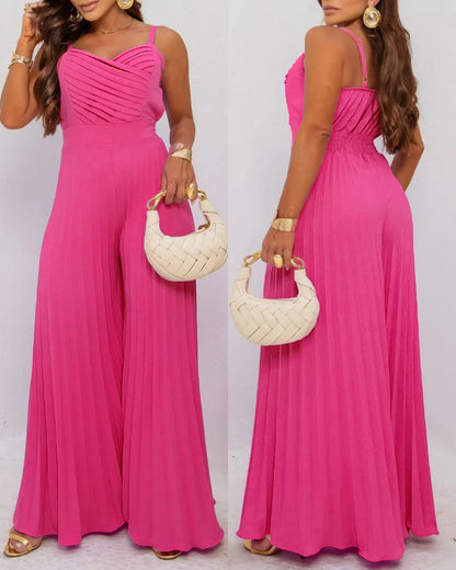 Women's Pleated Wide Leg Jumpsuit Spaghetti Strap High Waisted Shirred Backless Flared Overalls
