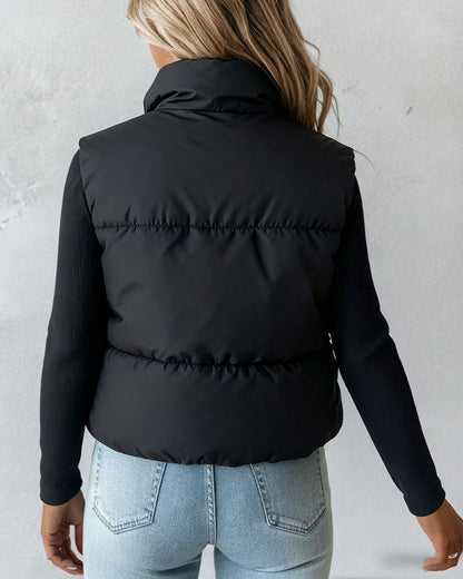 Stand Collar Sleeveless Zip Up Drawstring Hem Vest Casual Two-Way Reversible Ladies Warm Winter Padded Coat