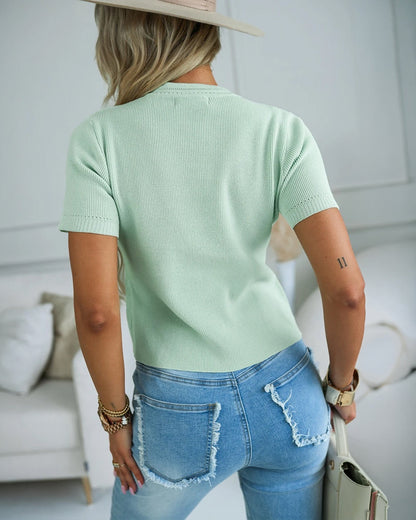 Women's Rib-Knit Short Sleeve Cardigan Gold Flower Button Round Neck Sweater Casual Top