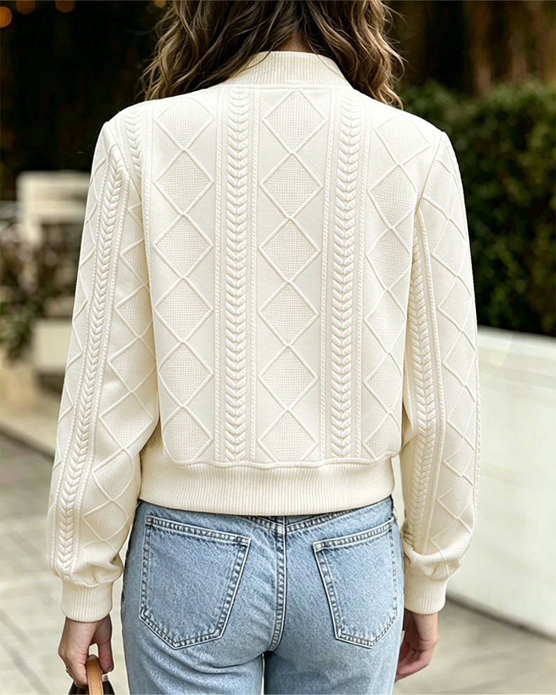 Women's Vintage Argyle Cable Knit Bomber Jacket Elegant Baseball Collar Button Down Cropped Coat with Flap Pockets