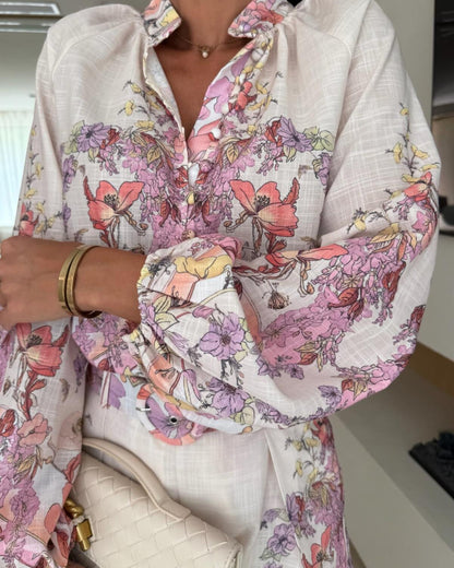 2 Pieces Outfit Floral Placement Print Stand Collar Button Button Front Lantern Sleeve Top and Casual Elastic Back Waist Shorts Set with Belt