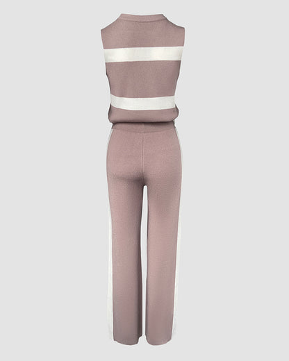 Striped Print Round Neck Sleeveless Top and Casual Elastic Waist Drawstring Pants Sets