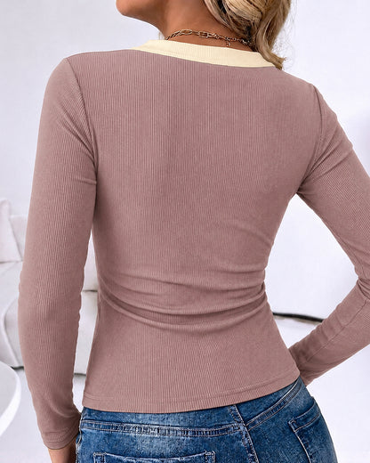 CHICMELIVE Women's Ribbed Long Sleeve Shirts Contrast Crewneck Fitted Basic Tee