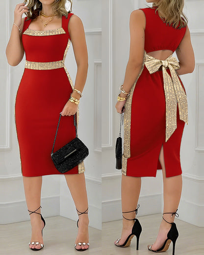 Square Neck Sleeveless Hollow-out Bowknot Mid-Calf Slit Dress