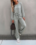 Women's 2 Piece Outfits Lace Patchwork Long Sleeve Top and Knot Front Straight Leg Pants Set Casual Matching Lounge Set
