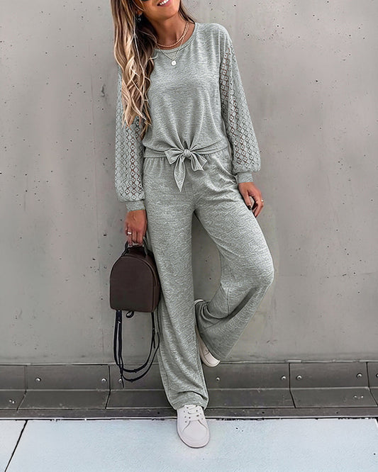 Women's 2 Piece Outfits Lace Patchwork Long Sleeve Top and Knot Front Straight Leg Pants Set Casual Matching Lounge Set