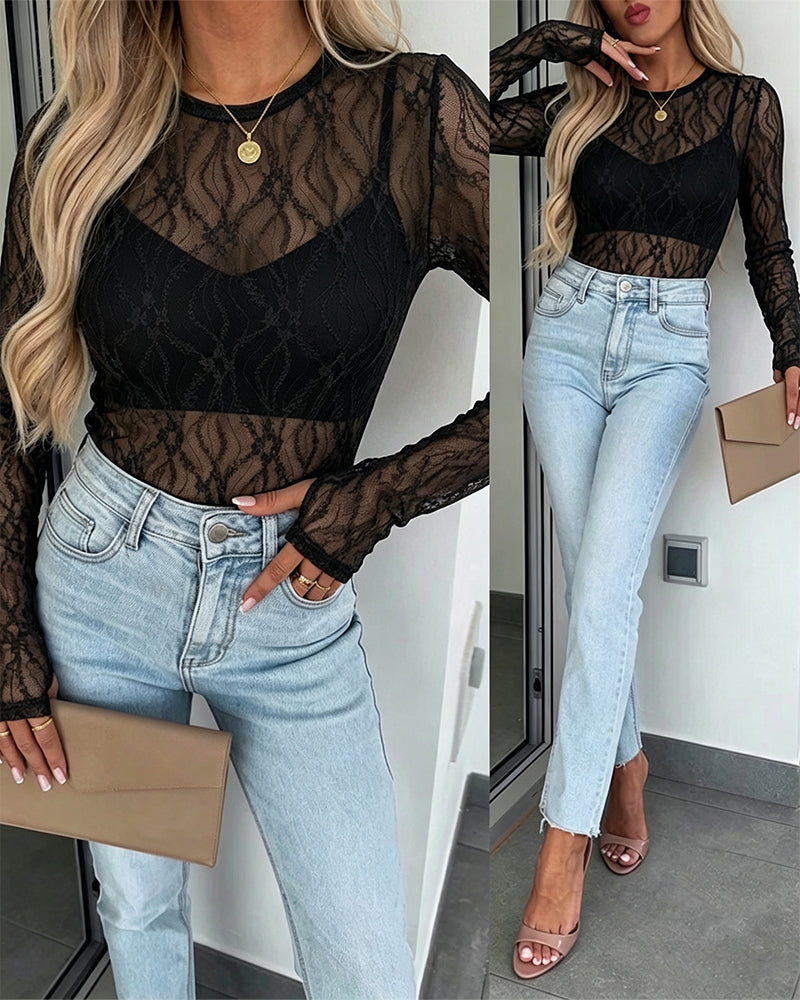 CHICMELIVE Lace Top Sheer Mesh Fitted Shirts for Women with Thumb Holes